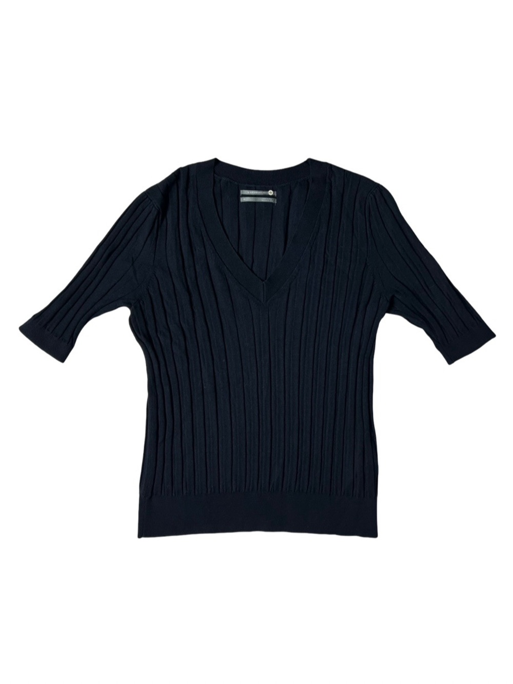 Anthropologie 3/4 Sleeve Ribbed Knit Top Black Viscose Linen Blend Size XS